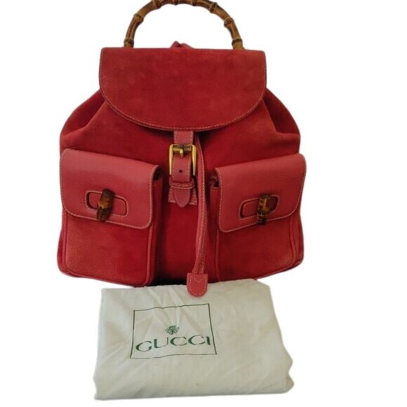 Red Suede Gucci Backpack Vintage Bamboo - Picture 1 of 17